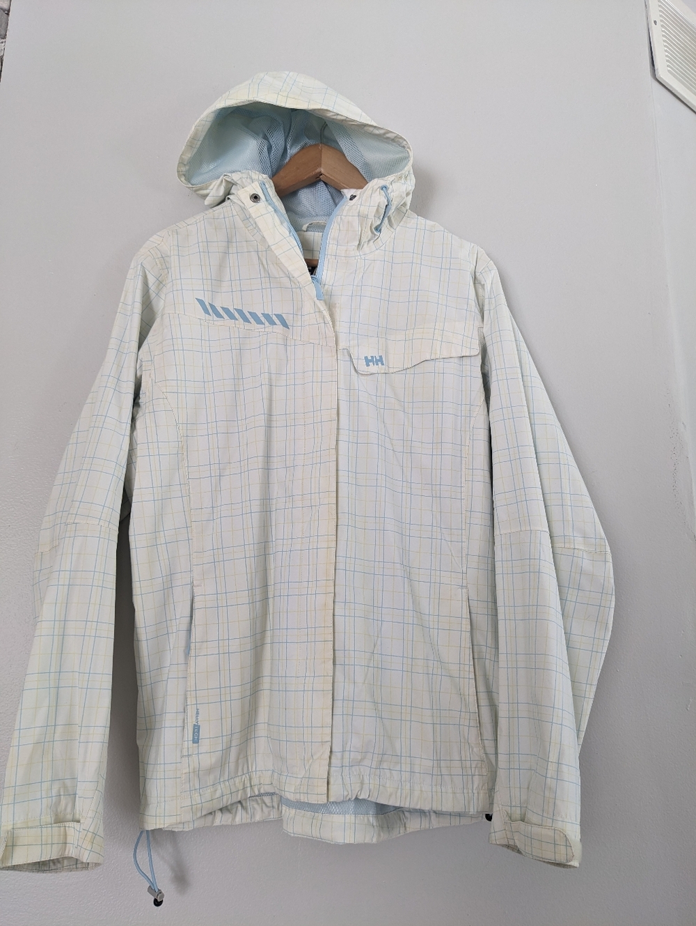 Helly Hansen Womens Hooded Spring Coat Size Large Rain Jacket Mesh White Blue